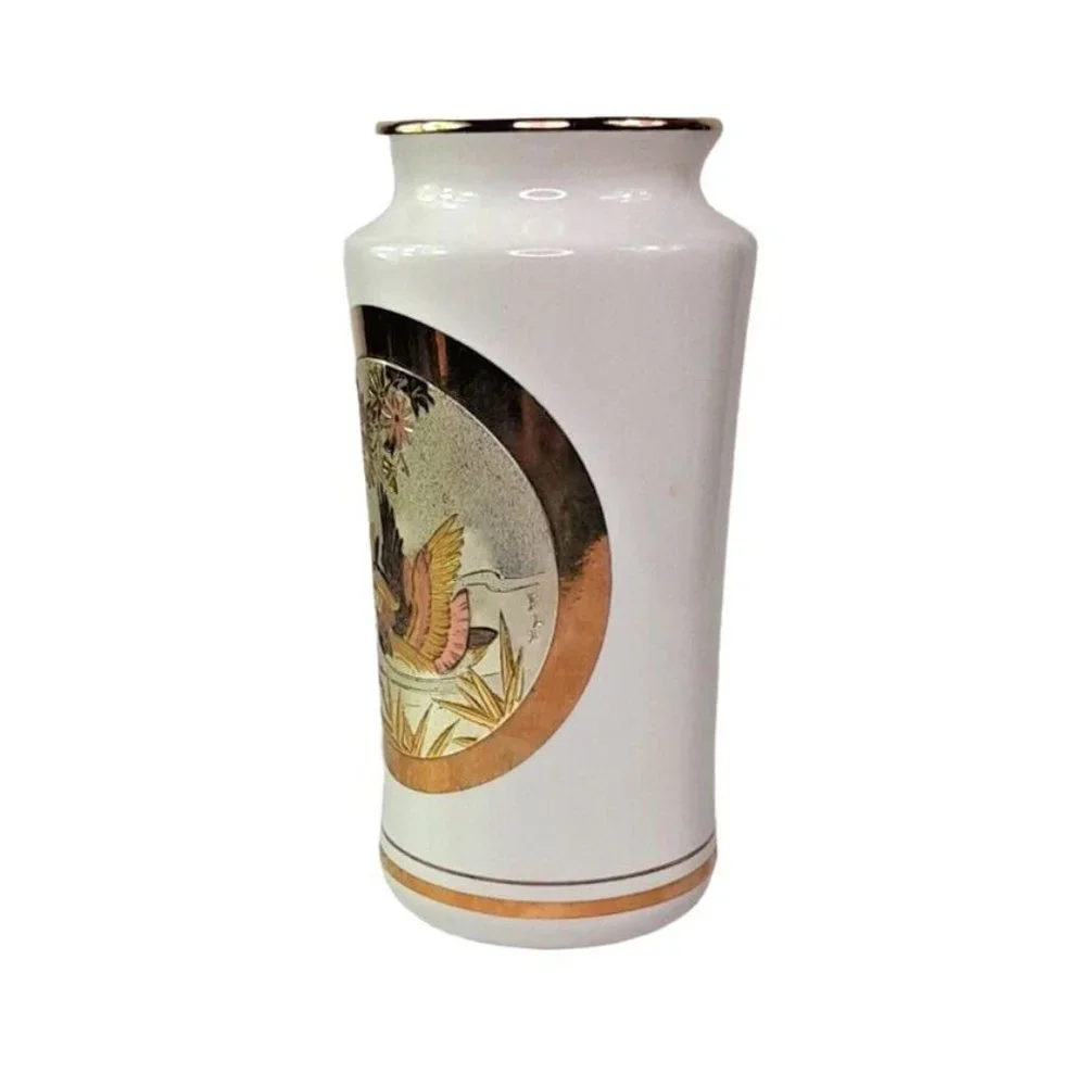 Vintage Art of Chokin White‎ & 24K Gold Trim Made in Japan Swans Design Vase 6